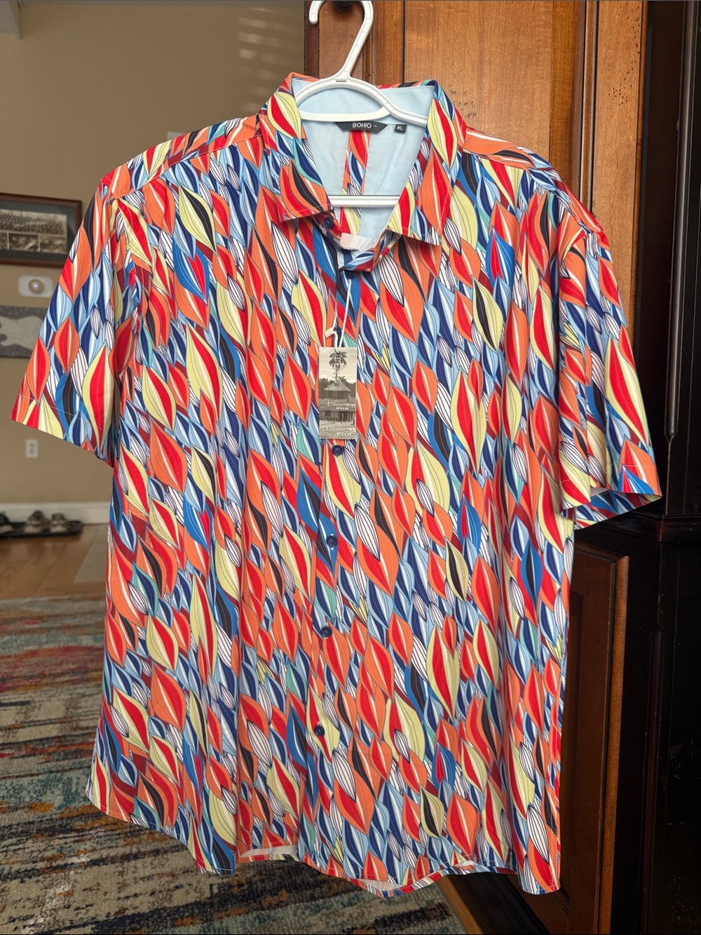 Short-Sleeve Casual Button-Down Shirt - Multicolor Leaf Print